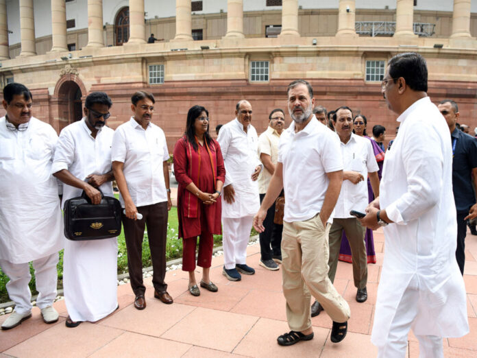 Rahul Gandhi addressing a press conference regarding student protests