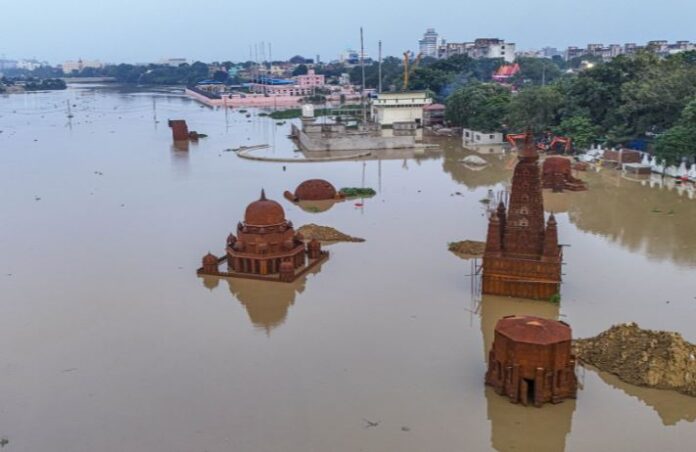 Flooded area in Bihar with people affected by the disaster